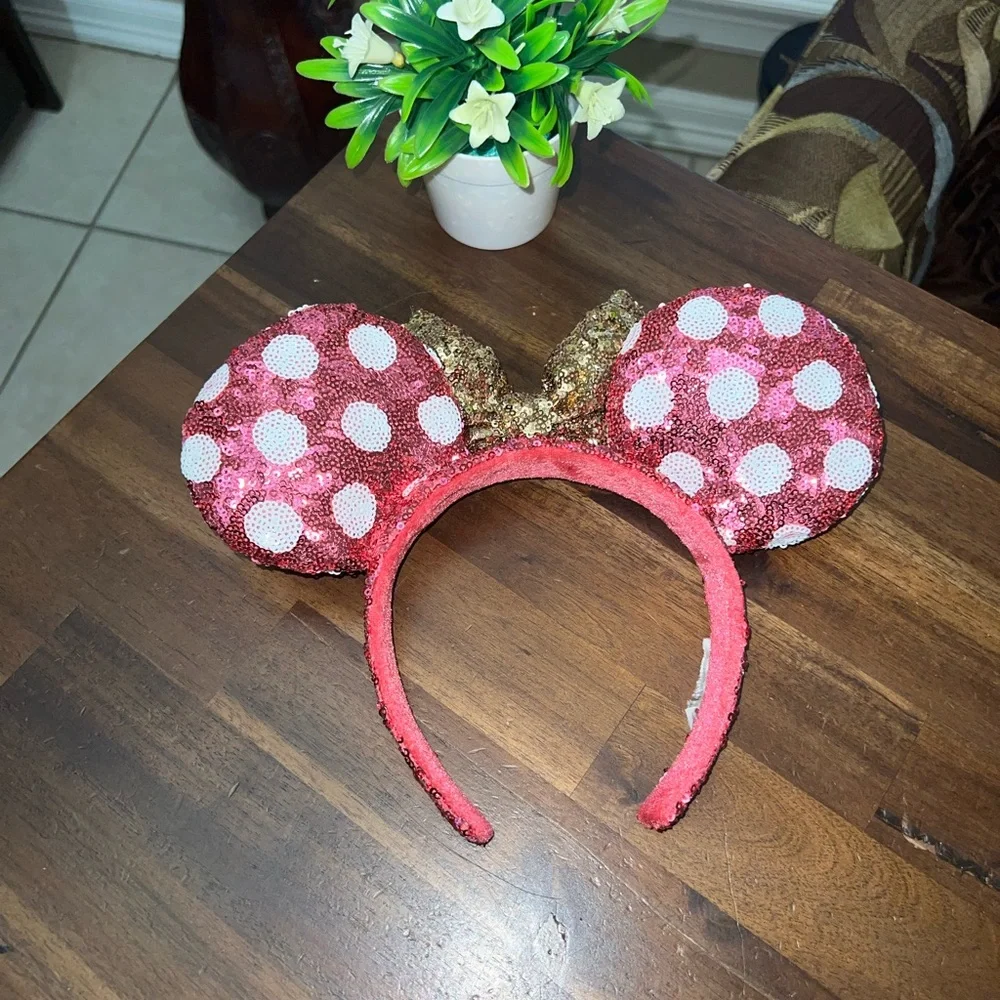 Disney‎ Parks Pink Sequin Minnie Ears with White Poka Dots and Gold Bow Vacation